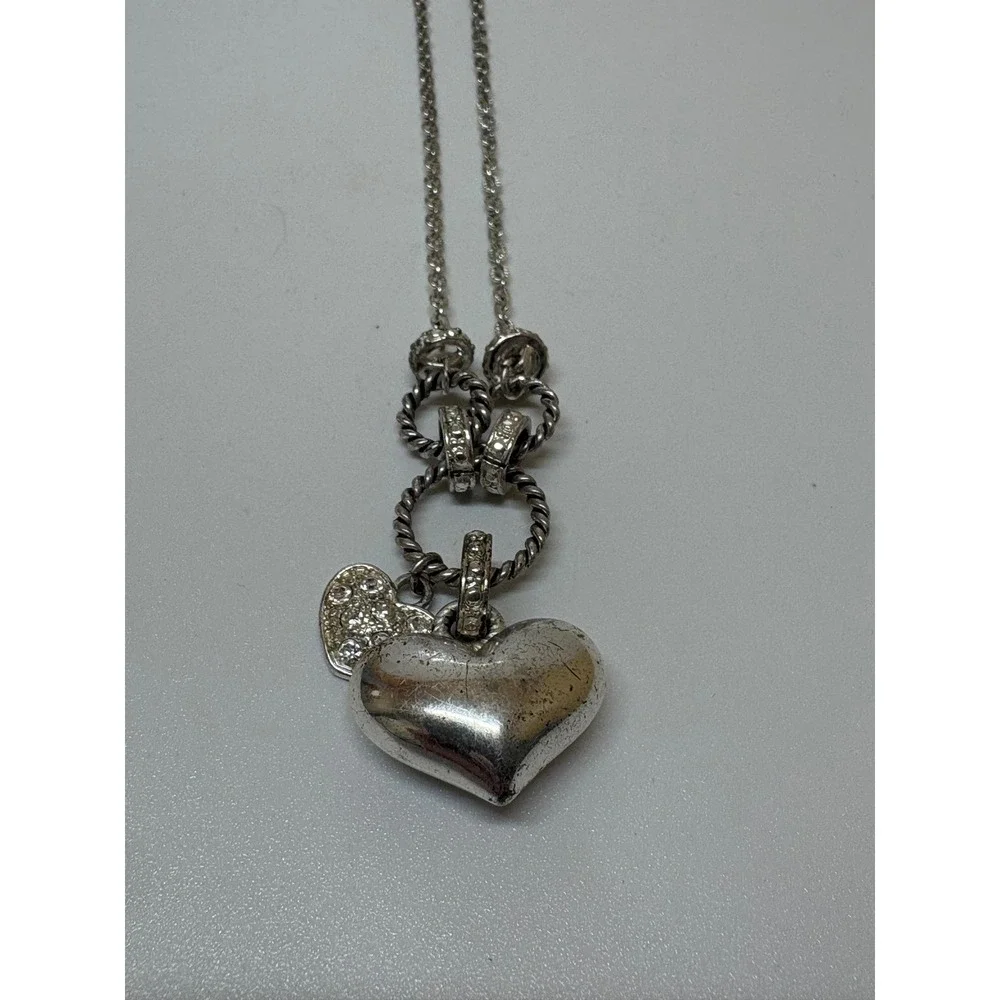 Silver Tone Double Heart Pendant Necklace Rhinestone Accents 18 Inch Chain